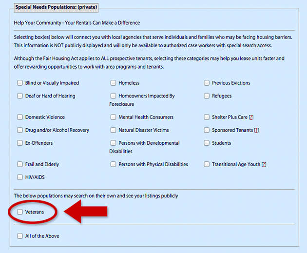 Special Needs Populations list screenshot